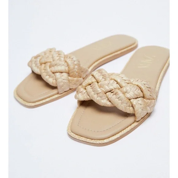 Zara Flat Sandals Beige Sandals Zara ZARA WOMEN'S TAN LEATHER FLAT